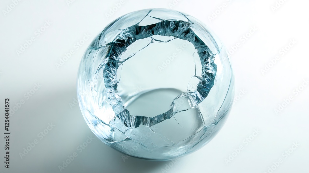 Broken glass sphere revealing inner structure on white background Broken glass sphere revealing inner structure on white background
