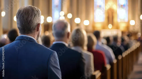 congregation of worshippers attending service in church, expressing devotion and unity