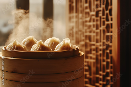 Steaming Delights: A bamboo steamer basket overflows with freshly-made dumplings, emanating a tantalizing aroma as the steam curls upwards, evoking a sense of warmth and comfort. 