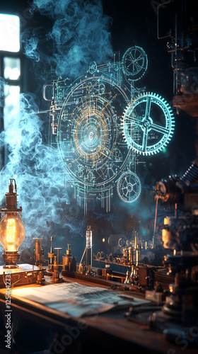 Glowing blueprints for time machine floating in an antique steampunk workshop with holographic gears and mechanical schematics creating fusion of futuristic technology and vintage invention aesthetics photo