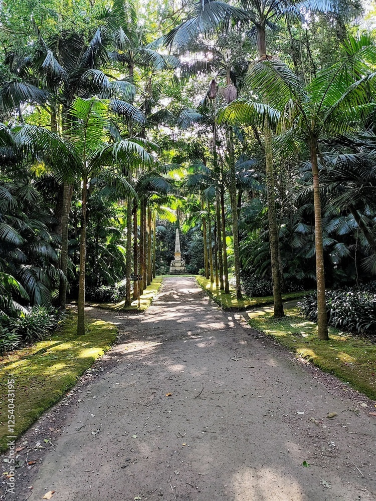 avenue framed by palm trees leading up to a monument in the middle of the jungle, tropical atmosphere with intense summer vibes avenue framed by palm trees leading up to a monument in the middle of the jungle, tropical atmosphere with intense summer vibes