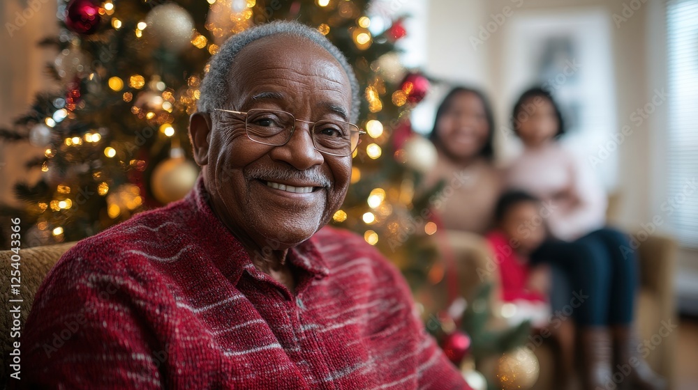 Family gathers by a decorated tree, capturing a joyful moment with a smiling elderly man Family gathers by a decorated tree, capturing a joyful moment with a smiling elderly man