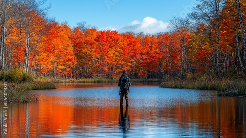 Wallpaper Mural Man fishing autumn lake, vibrant foliage reflection Torontodigital.ca