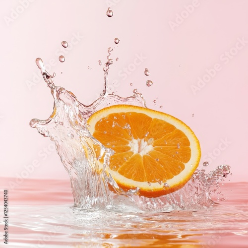 Fresh orange slice creates splashes in clear water against a pastel pink background