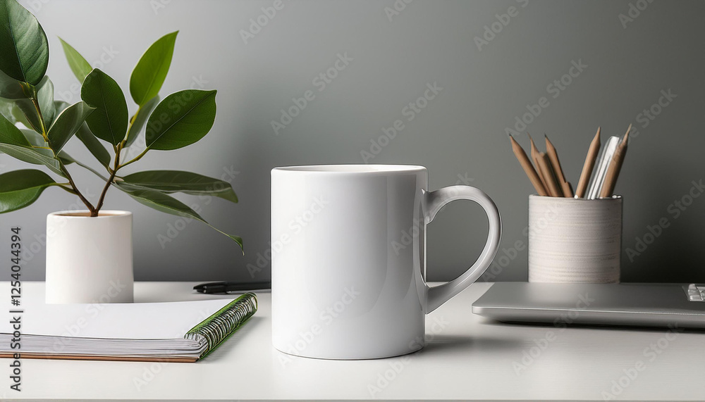 white mug mockup with workspace accessories on a white table and a ficus plant white mug mockup with workspace accessories on a white table and a ficus plant