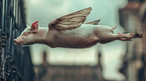 Flying pig soaring among buildings during a cloudy day in a whimsical urban setting captures imagination and delight