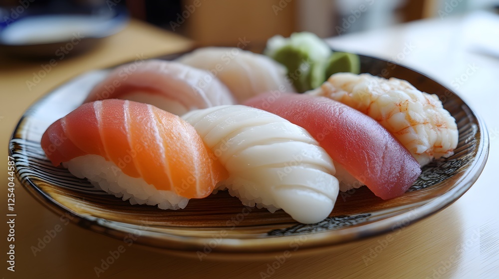 Assorted sushi plate: Vibrant and fresh seafood atop rice, a delightful culinary experience. Assorted sushi plate: Vibrant and fresh seafood atop rice, a delightful culinary experience.