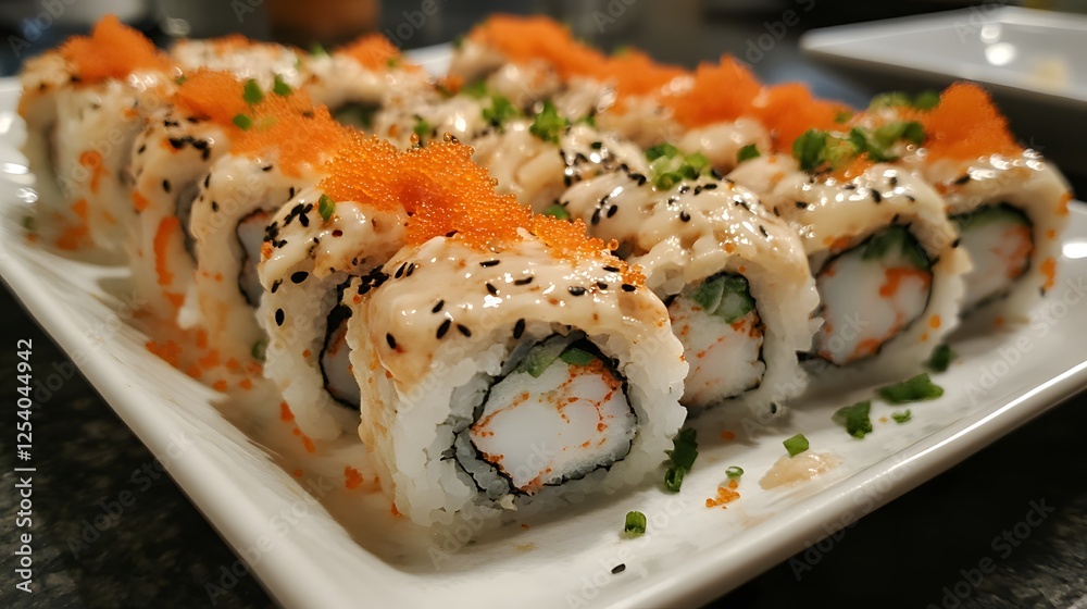 Sushi rolls topped with sauce and roe, a colorful and tasty Japanese dish for lunch or dinner. Sushi rolls topped with sauce and roe, a colorful and tasty Japanese dish for lunch or dinner.