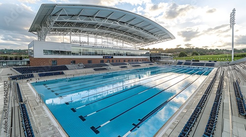 Olympic sized swimming pool stadium with spectator seating