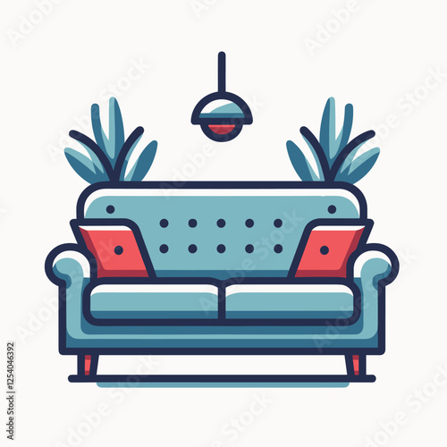 Stylish Modern Sofa Illustration with Plants and Retro Elements