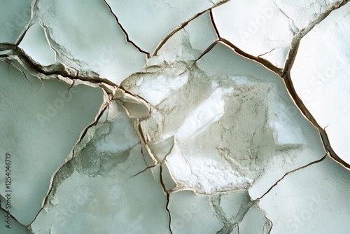 Close-up of cracked earth, illustrating the impact of drought with its intricate web of jagged lines and harsh textures. photo