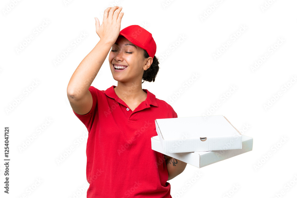 pizza delivery woman with work uniform picking up pizza boxes over isolated chroma key background has realized something and intending the solution pizza delivery woman with work uniform picking up pizza boxes over isolated chroma key background has realized something and intending the solution