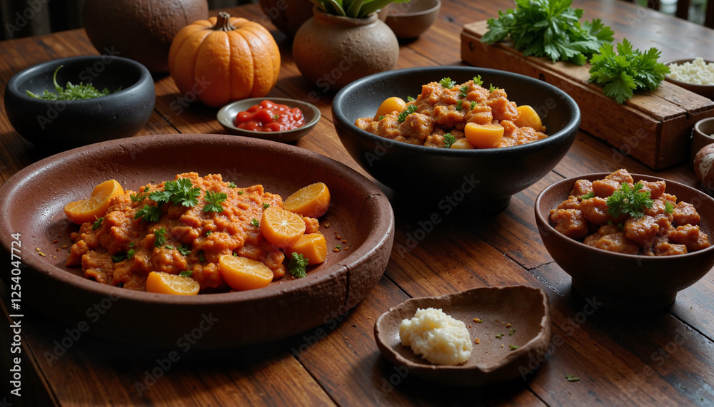 Rustic autumn dish with pumpkin gnocchi and kumquats garnished with fresh herbs in a cozy farmhouse setting. Rustic autumn dish with pumpkin gnocchi and kumquats garnished with fresh herbs in a cozy farmhouse setting.