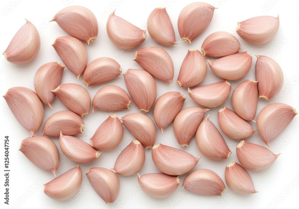 A group of peeled garlic cloves with smooth textures and light pink hues, scattered randomly isolated on white background A group of peeled garlic cloves with smooth textures and light pink hues, scattered randomly isolated on white background