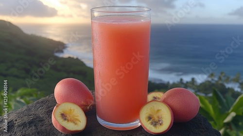 Exotic Tropical Guava Juice in Glass with Fresh Guavas at Scenic Ocean View Sunset - Refreshing Summer Drink, Island Paradise, Sunset Coastal View photo