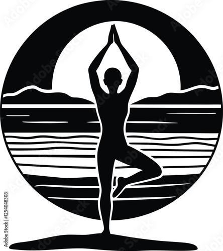 Serene Yoga Silhouette Beach Sunset, Mindfulness, Tranquility, Balance