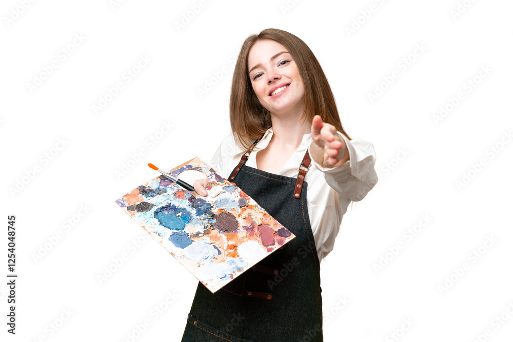 Young artist woman holding a palette over isolated chroma key background shaking hands for closing a good deal Young artist woman holding a palette over isolated chroma key background shaking hands for closing a good deal