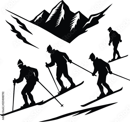 Skiing Adventure Mountain Silhouette, Winter Sport, Three Skiers