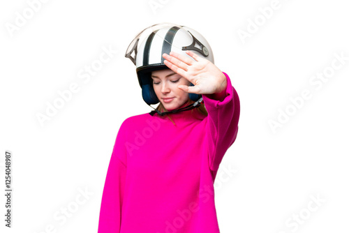 Wallpaper Mural Young pretty woman with a motorcycle helmet over isolated chroma key background making stop gesture and disappointed Torontodigital.ca