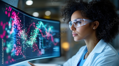 focused woman in a lab coat is intently studying colorful data visualizations on a curved screen. modern workspace is filled with advanced technology, highlighting her analytical skills