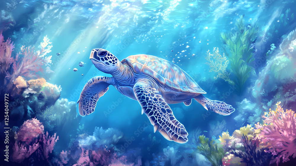 Underwater scene with a sea turtle swimming in clear blue waters, emphasizing the beauty of marine life and the peacefulness of the ocean. Glass-Encased Ecosystems. Illustration
