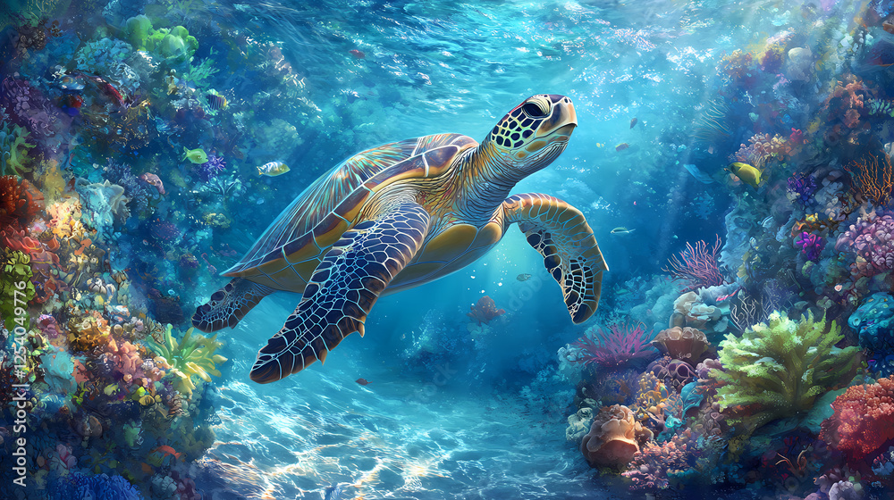 Fototapeta premium Underwater scene with a sea turtle swimming in clear blue waters, emphasizing the beauty of marine life and the peacefulness of the ocean. Glass-Encased Ecosystems. Illustration