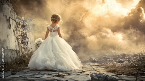Young girl in fancy white dress stands amidst ruins under a dramatic sky, holding bouquet, back view.