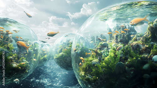 The global overfishing crisis depicted by declining fish populations across world oceans. Glass-Encased Ecosystems. Illustration photo