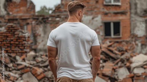 young man stands with his back turned, gazing at the ruins of a collapsed building. Surrounding debris emphasizes the silence of the abandoned urban landscape, evoking feelings of reflection
