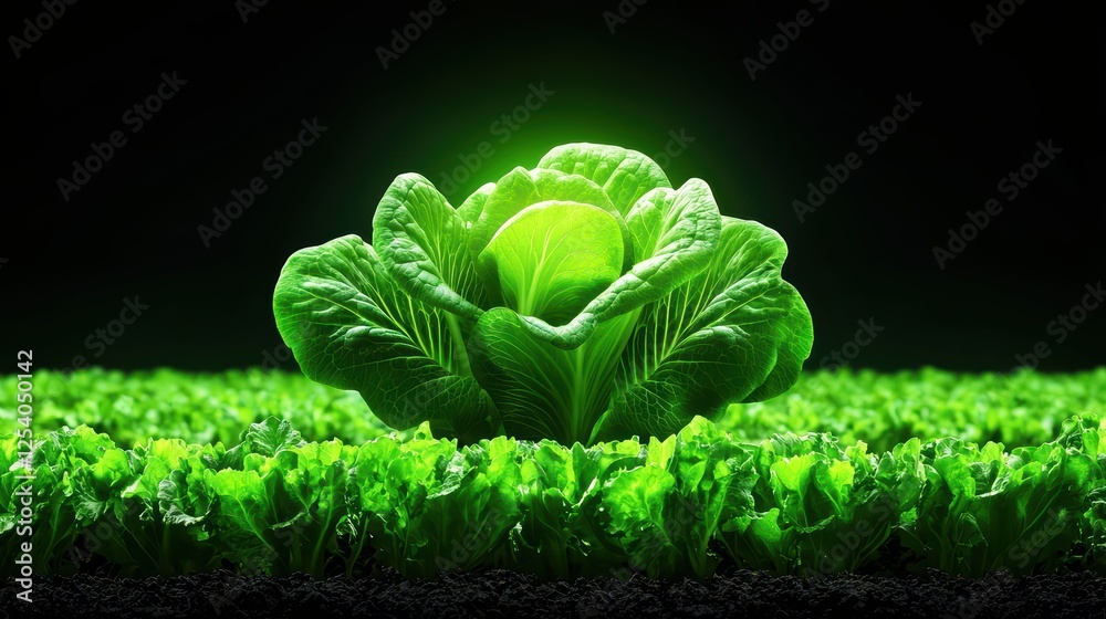 Fototapeta premium Fresh Green Lettuce Growing in a Dark Background with Vibrant Glow