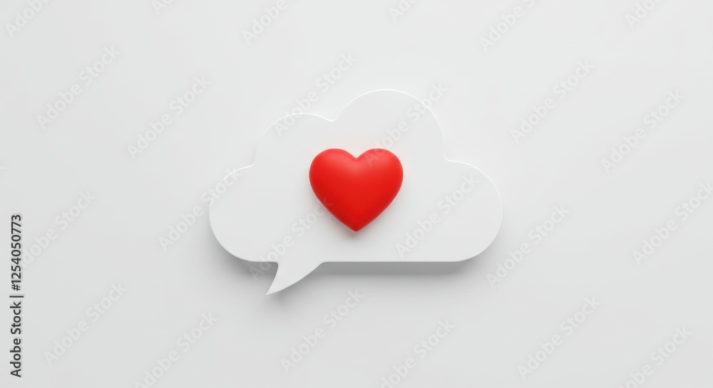 A simple minimalistic white background with a white cloud speech bubble in the center and has a vibrant red heart in the middle The background is smooth The image is a flat design 3D speech bubble A simple minimalistic white background with a white cloud speech bubble in the center and has a vibrant red heart in the middle The background is smooth The image is a flat design 3D speech bubble
