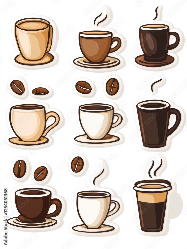Unique style stickers of coffee cups and beans perfect for coffee lovers and enthusiasts. Generative AI Unique style stickers of coffee cups and beans perfect for coffee lovers and enthusiasts. Generative AI