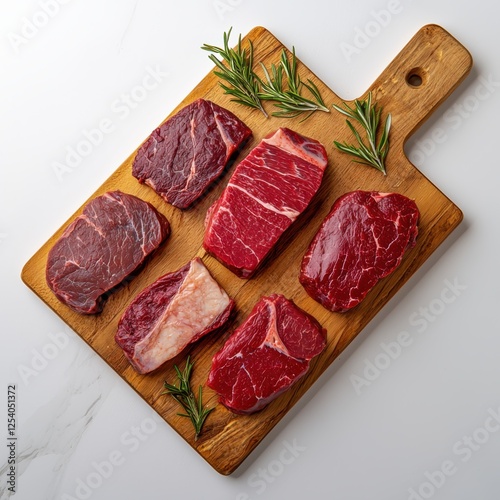 Sustainable beef options displayed on a butcher's block in bright daylight overhead shot showcasing variety and quality
