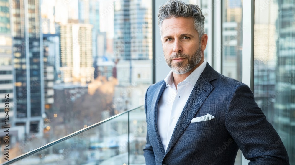 Business professional poses confidently on city balcony with skyline backdrop during daytime Business professional poses confidently on city balcony with skyline backdrop during daytime
