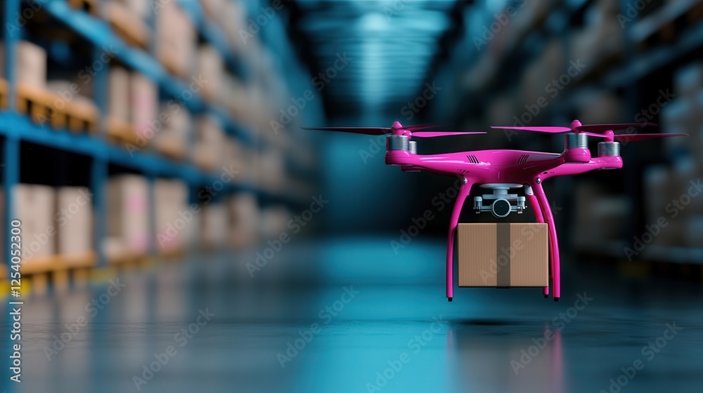 Obraz premium pink drone with package over stacked cardboard boxes, warehouse background