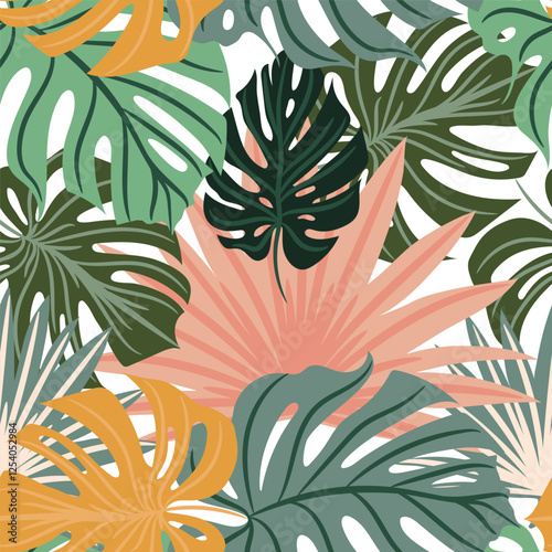 Hawaiian vector hand drawn seamless pattern with green and pink palm leaves