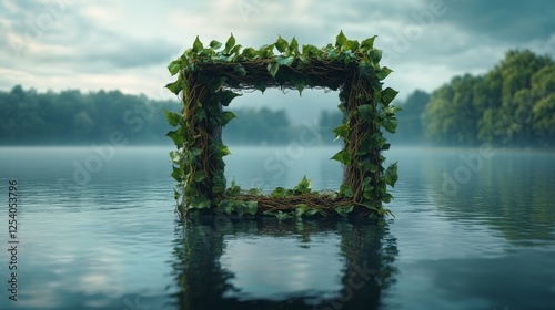 Square frame made of vines and leaves floats in water