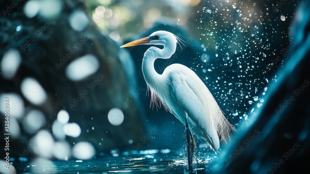 Fototapeta premium Elegant white heron standing near a river with soft lighting