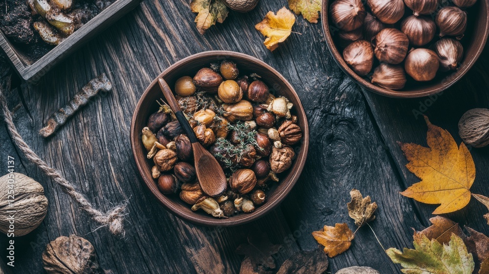 Rustic autumn still life with hazelnuts and dried leaves Rustic autumn still life with hazelnuts and dried leaves