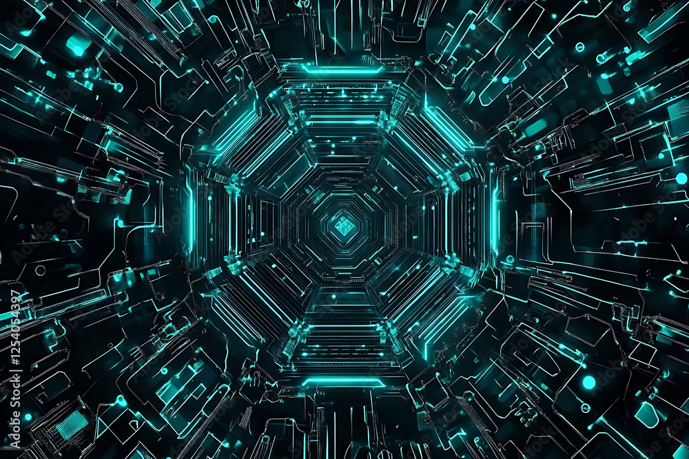 Abstract close-up of a glowing blue digital circuit board, showcasing intricate connections and technological design on a black background.
