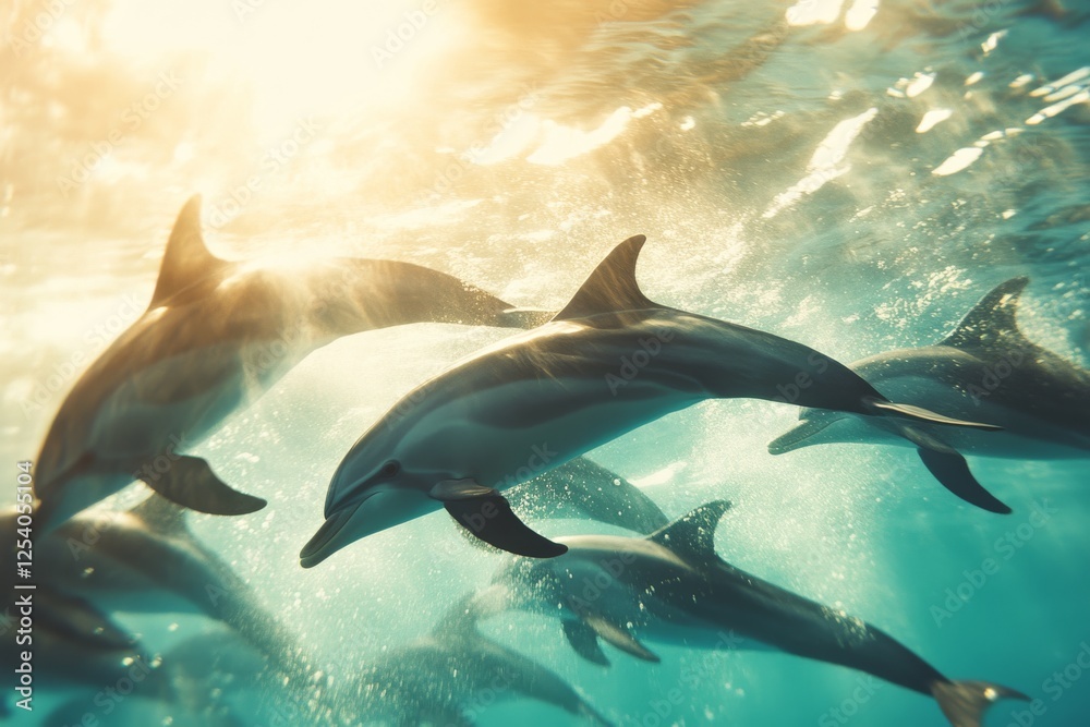 Fototapeta premium Sunlight pierces the water's surface as dolphins swim gracefully, casting shimmering reflections in a tranquil aquatic ballet.