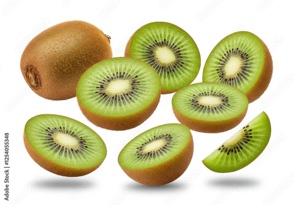 Fototapeta premium Kiwi slices and halves floating in mid-air isolated on white background