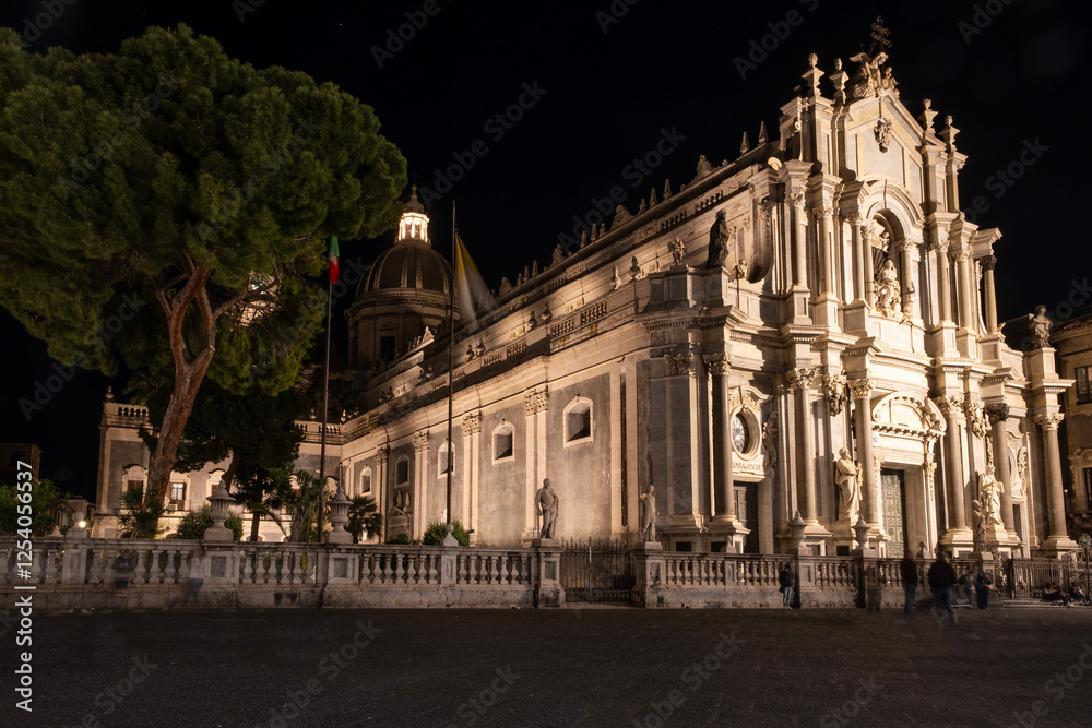 Obraz premium Night view of the main cathedral in Catania, beautifully illuminated against the dark sky.