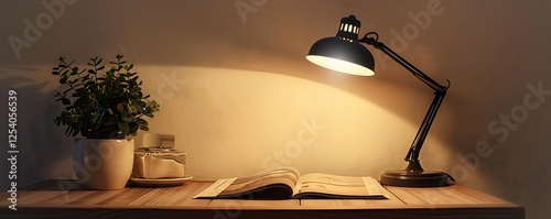 Elegant desk lamp casts light on a wooden table with a chic magazine and a plant, in a minimalist, softly lit room.