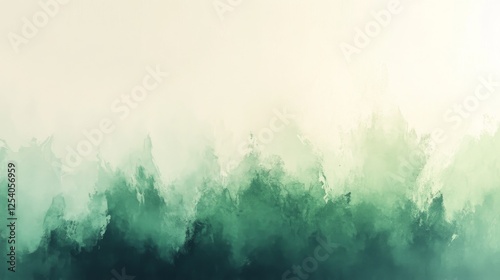 Impressionistic artwork depicts forest trees rendered in shades of green