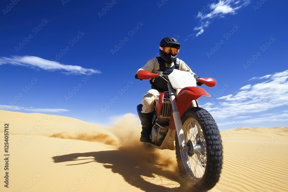 A motorcyclist riding a dirt bike across sandy dunes under a blue sky. A motorcyclist riding a dirt bike across sandy dunes under a blue sky.