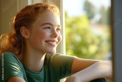 A young girl with curly hair smiling while looking out the window in soft natural light.