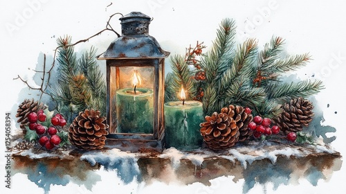 A cozy winter scene featuring candles, pinecones, and greenery.