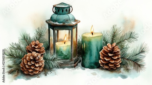 A serene winter scene featuring a lantern, candles, pinecones, and evergreen branches.