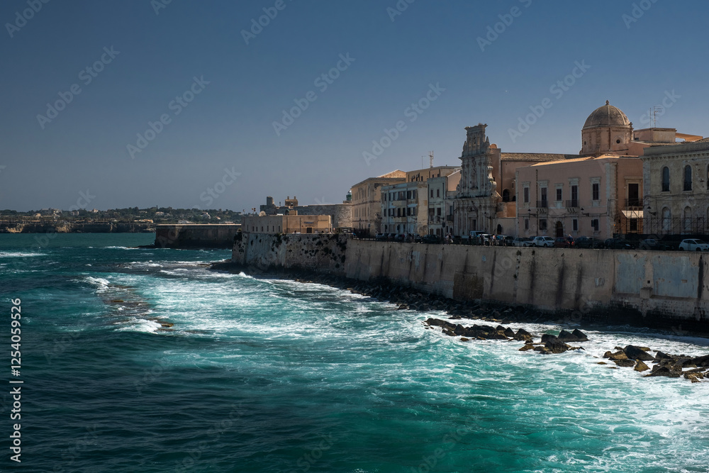 Coast of Ortigia island at city of Syracuse
